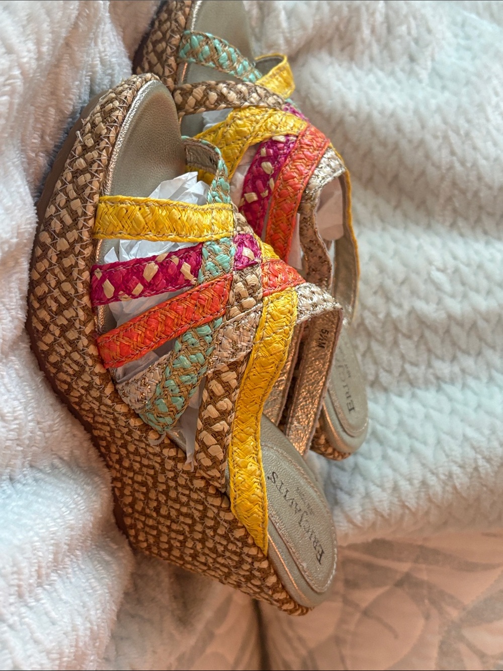 Eric Javits Multi-Color Braided Wedge Sandals - Yellow, Pink, Orange, Mint